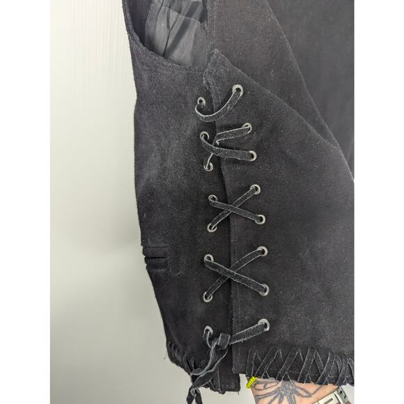VTG Horizon Bloomingdales Black Suede Vest Lace Up Sides Cross Stitch XL NWT - Picture 5 of 9